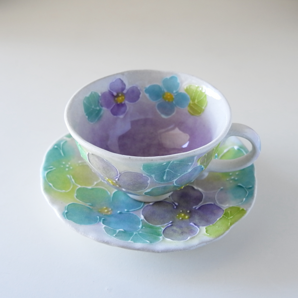 Blue Flower Crystal Cup & Saucer, Japanese Pottery